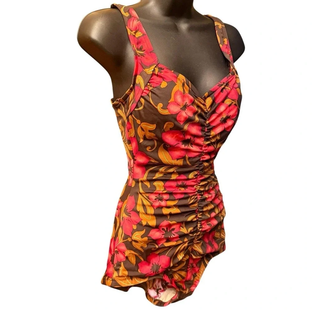 Vintage Maxine Swimsuit Size 12‎ One Piece Hawaiian Floral Brown Red Ruched